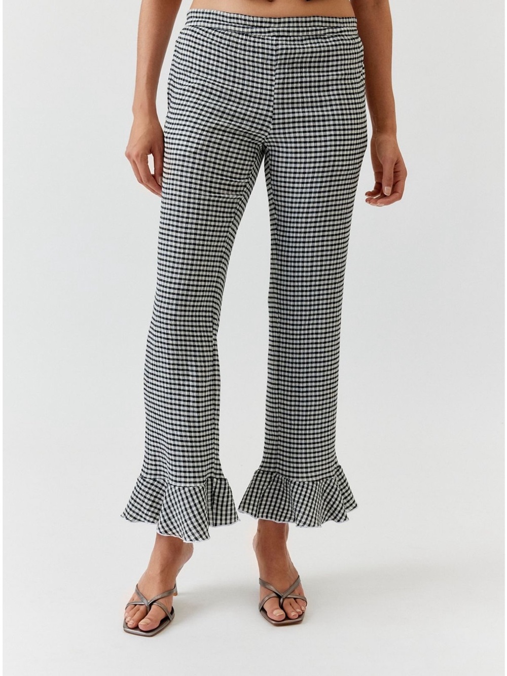 Urban Outfitters Black & White Gingham Ruffle-Hem Bootcut Pants